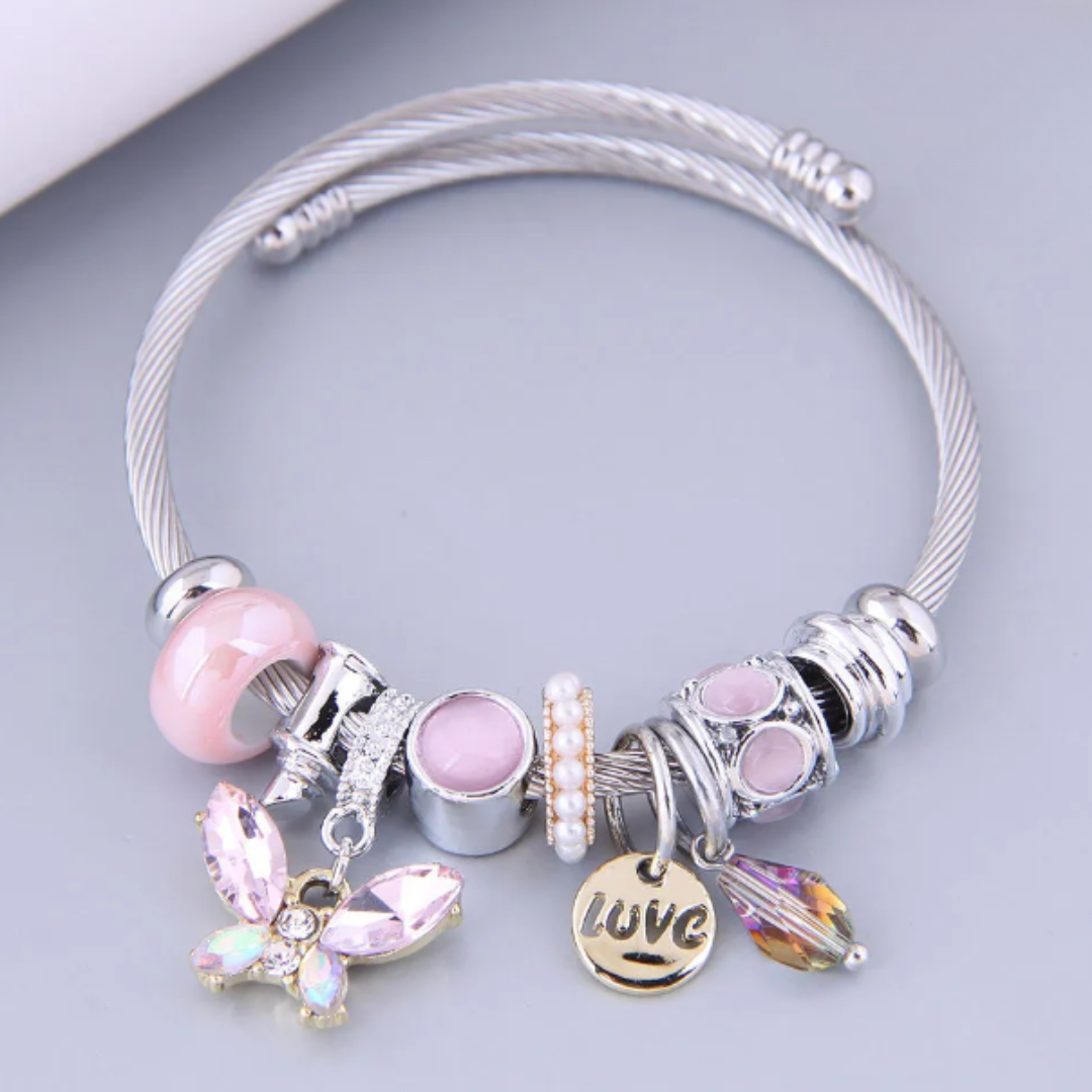 Pulsera Estilo Pandora Mariposa Rosado