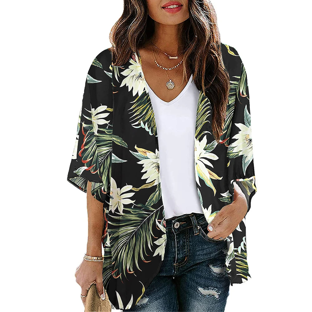 Kimono Floral Negro Paulina con manga 3/4 - Talla M