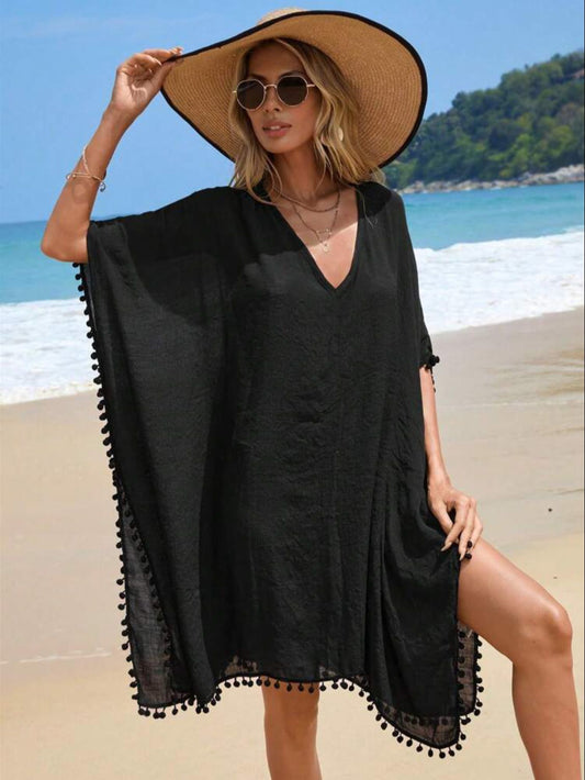 Salida de Playa mujer Túnica Pompon - Negro