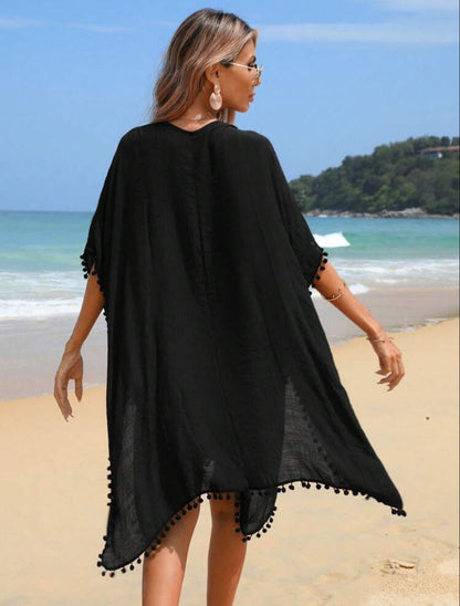Salida de Playa mujer Túnica Pompon - Negro