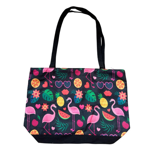 Bolso cartera verano Hawaiian estampado de flamencos y frutas - negro