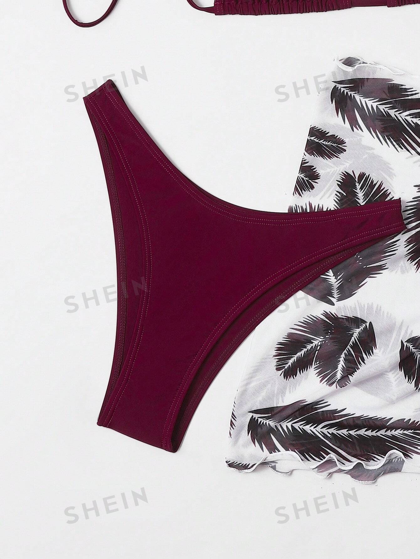 Bikini Helen - modelo de 3 piezas con estampado de hojas - Talla M Guinda