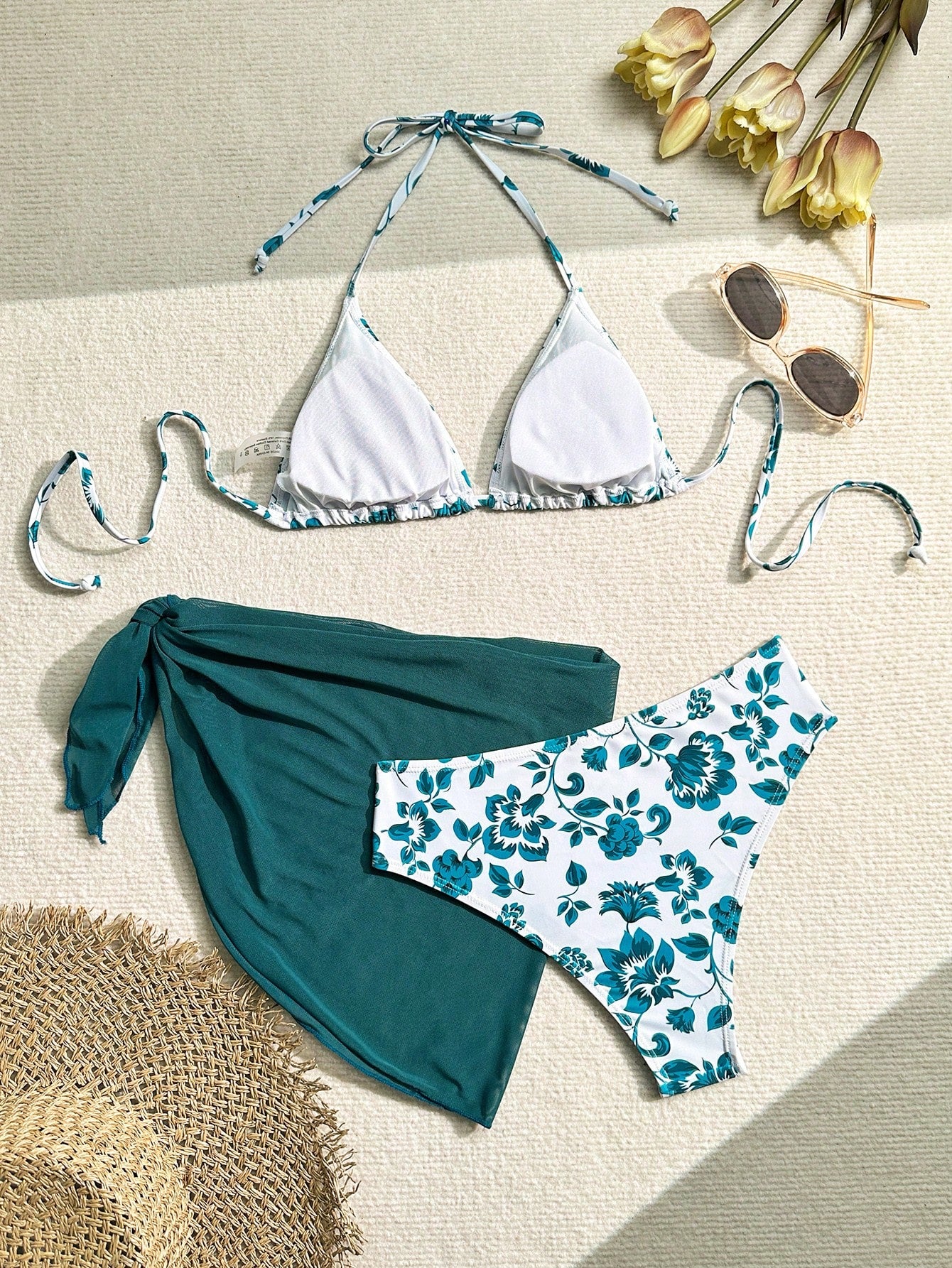 Bikini Telma Verde de 3 piezas con estampado de flores - Talla M