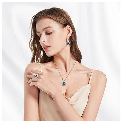 Set Collar Aretes Corazon Titanic - Turquesa Y Plateado