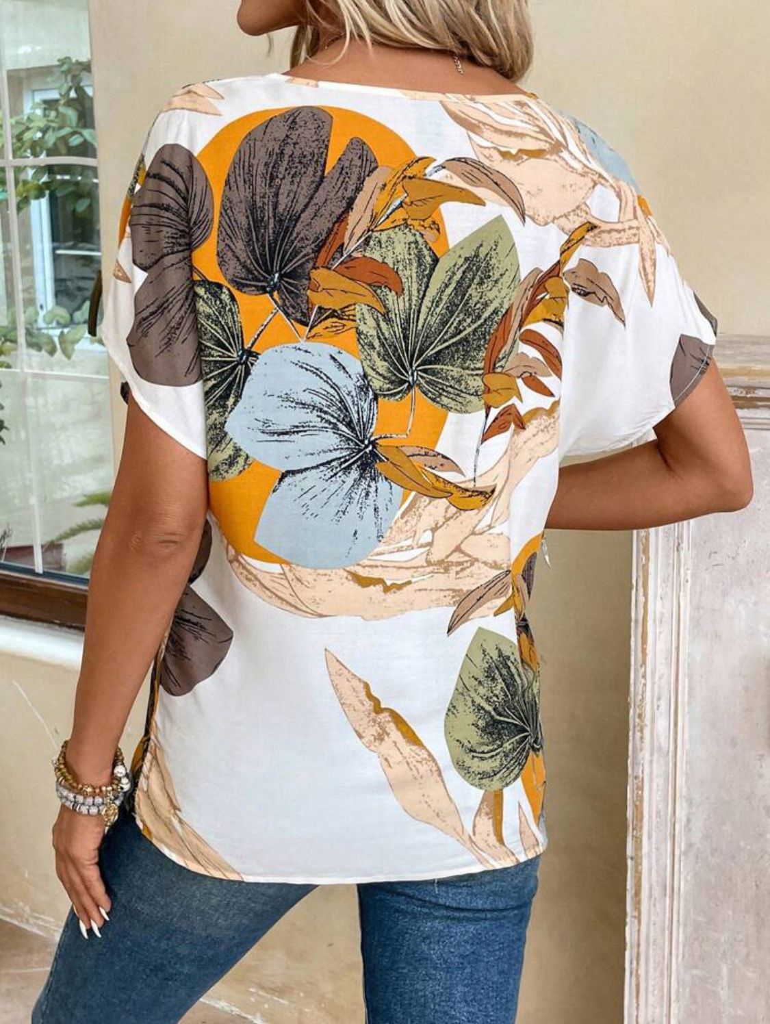 Waleska - Talla M -  Blusa Mujer manga corta con Estampado de Plantas