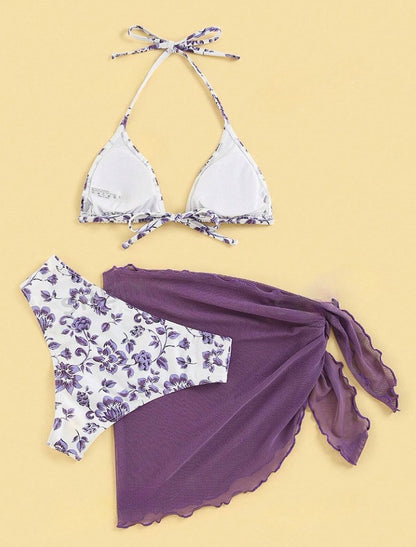 Bikini Telma Morado de 3 piezas con estampado de flores - Talla M
