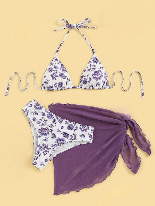 Bikini Telma Morado de 3 piezas con estampado de flores - Talla M