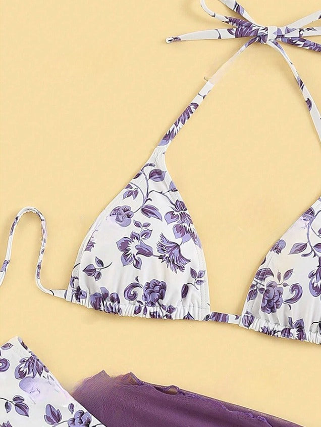 Bikini Telma Morado de 3 piezas con estampado de flores - Talla M