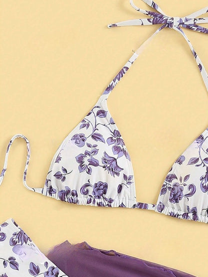 Bikini Telma Morado de 3 piezas con estampado de flores - Talla M