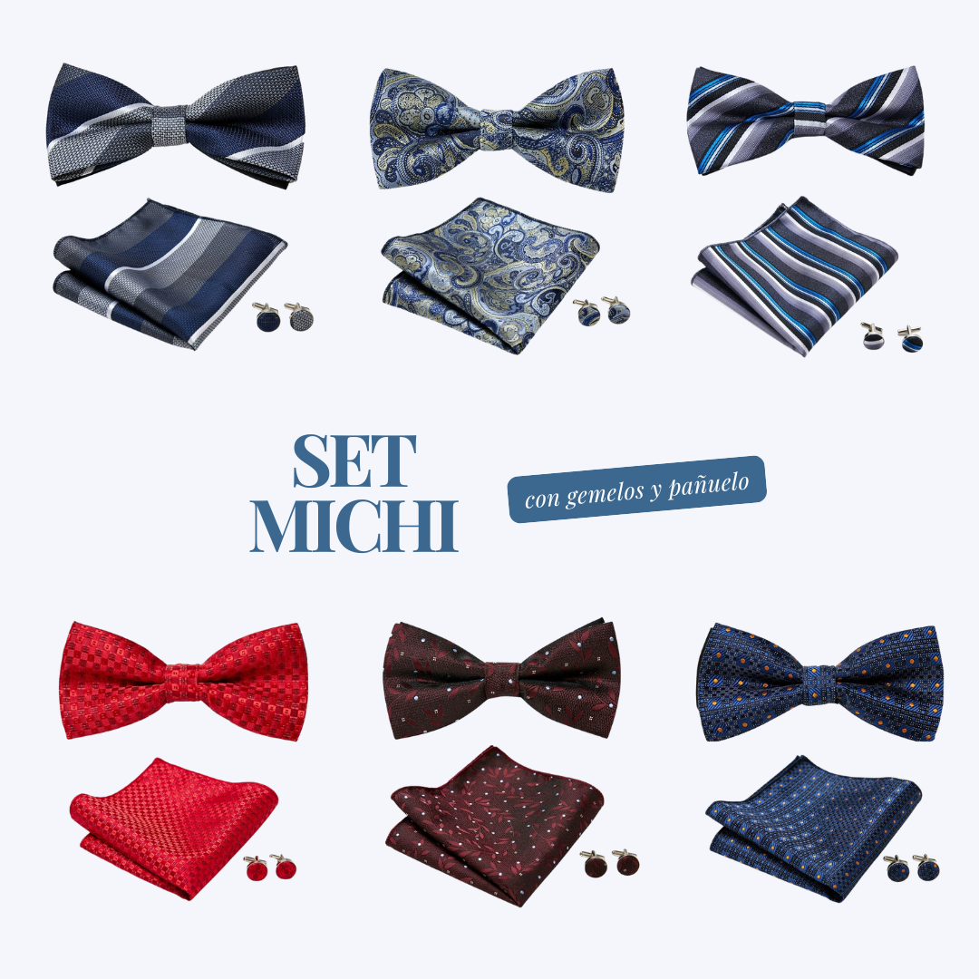 Set de corbata michi jacquard con pañuelo y gemelos