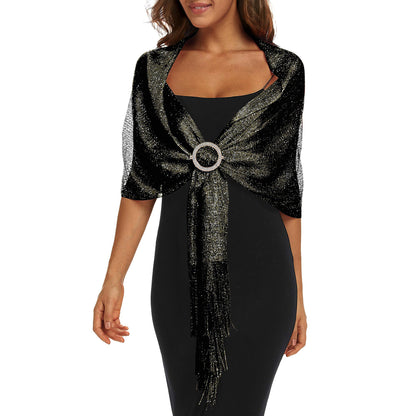 Chal Serena Regulable con flecos | Negro con brillos